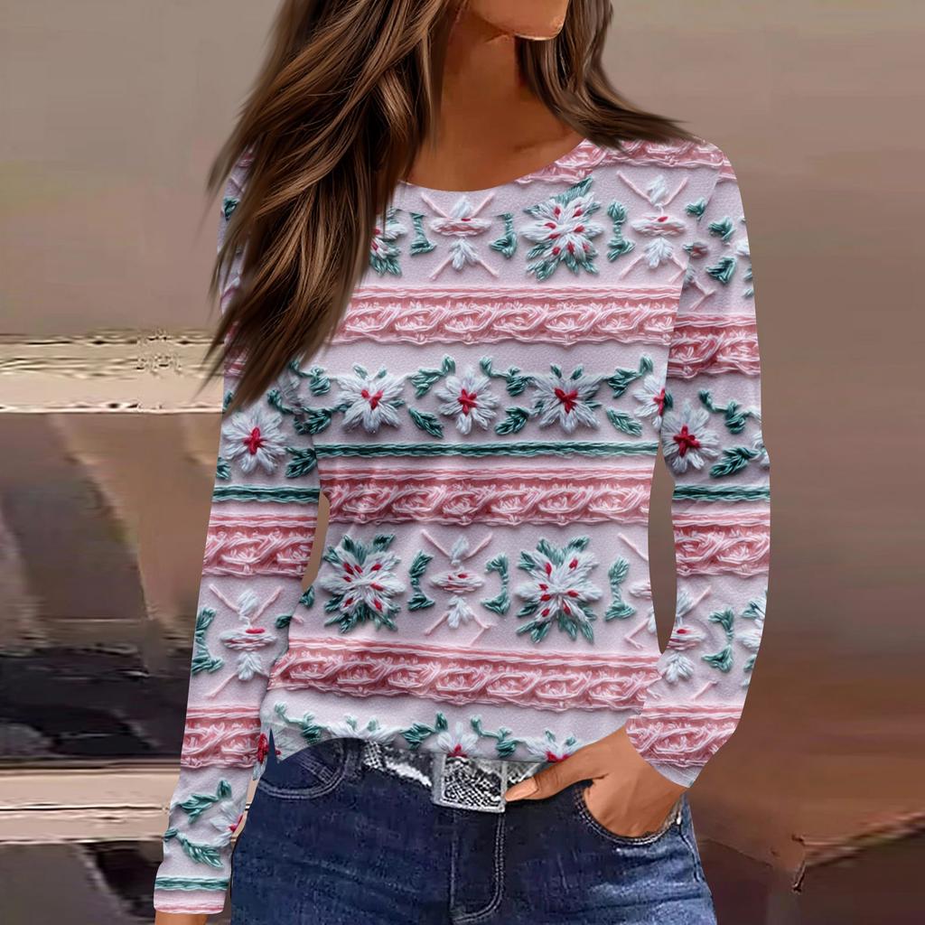 Women's Fashion Casual Slit Hem Round Neck Long Sleeve Loose  Printed T-Shirt Ladies Top