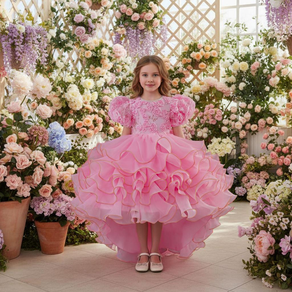 2025 New Children's Princess Dress with Rose 3D Appliques, Bow, and Cake Train