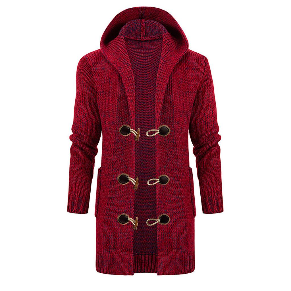 Men's Solid Color Knitted Coat Hooded Long Windbreaker Button Cardigan Medium Length Sweater