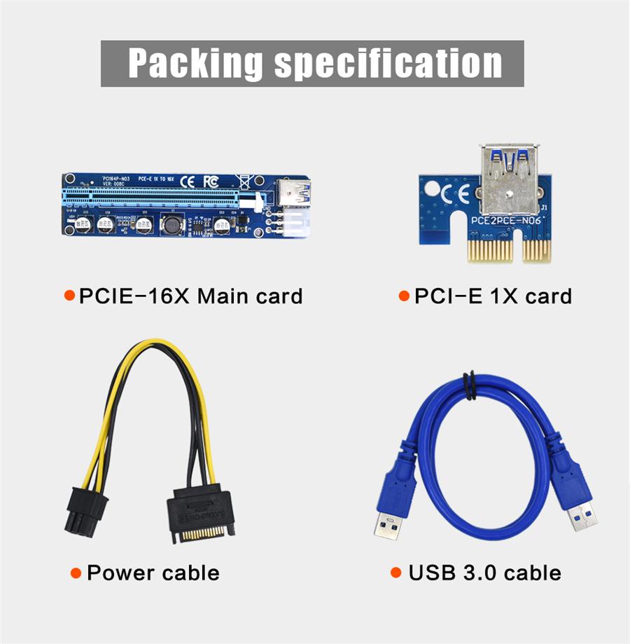 5 Sets 60CM Ver008C PCI-E Riser Card PCI-E 1X To 16X Power Cable USB 3.0 Cable