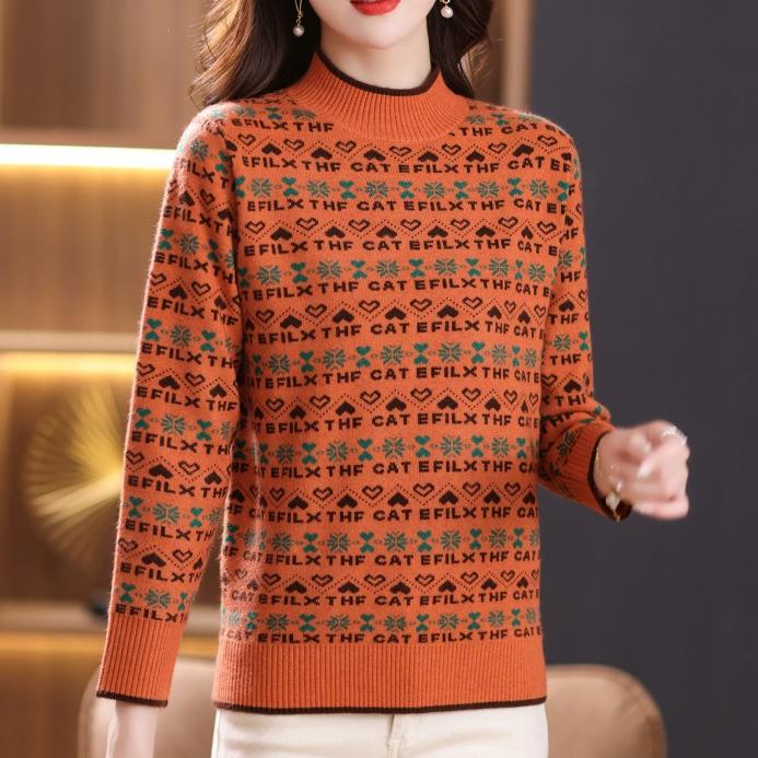 Women's Sweater Autumn and Winter Jacquard Casual Pullover Long-sleeved Loose Half Turtleneck Knitted Sweater