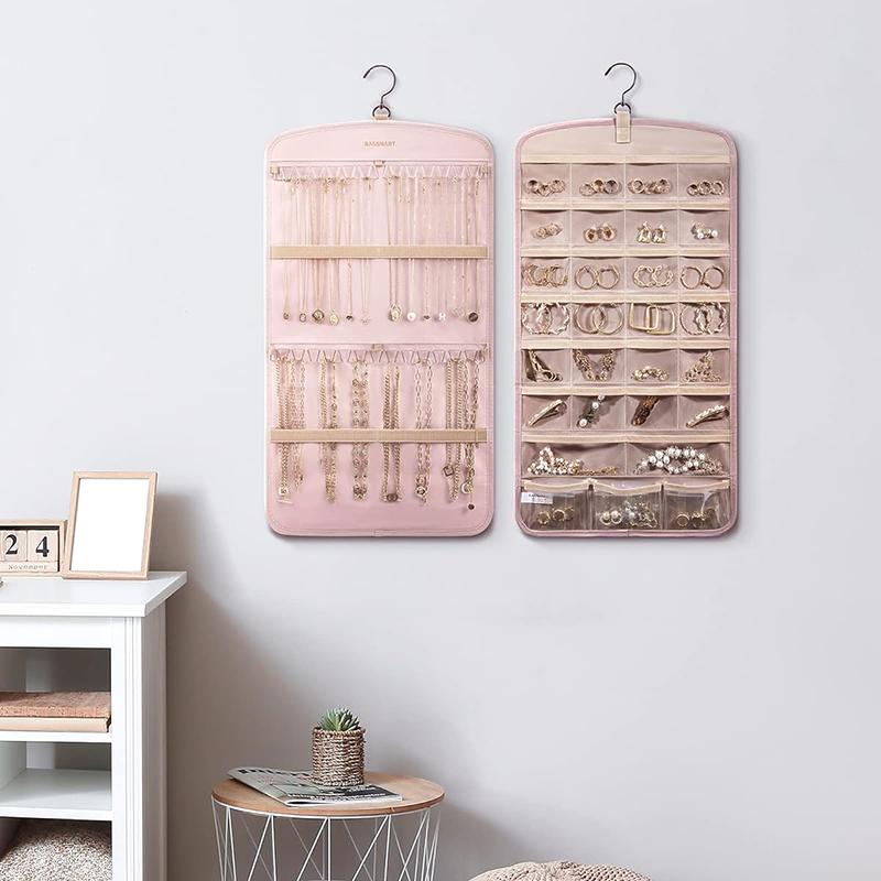 Závěsný organizér na šperky, držák na náhrdelníky Proti zamotání Náušnice Prsteny Věšák Cestovní skladovací role s kapsami Pověsit na skříň, stěnu, dveře