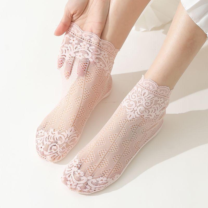 5 Pairs of Lace Mesh Stockings for Women In Summer Thin Mid Tube Solid Color Cotton Sole Breathable High Tube Hollow Lace Short Stockings