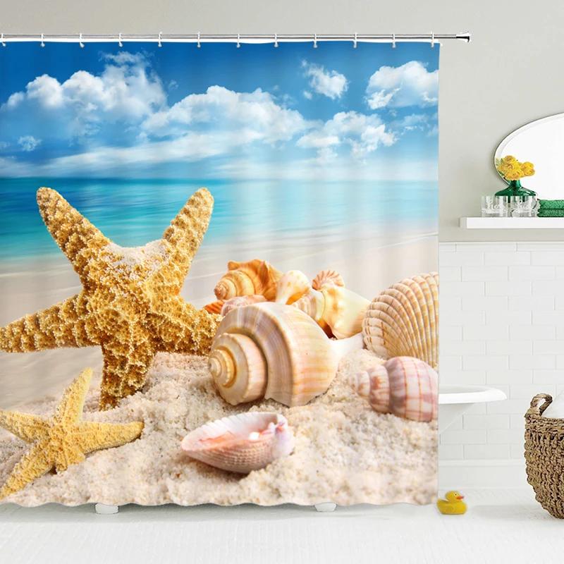 Coastal Scenery Shower Curtain with Hooks    Fresh Seaside Vibe Decor for Bathrooms, Reinforced Eyelets & Easy to Clean