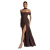 European and American women's clothing one-word shoulder solid color split-ended dress fashionable and sexy backless high split-ended dress