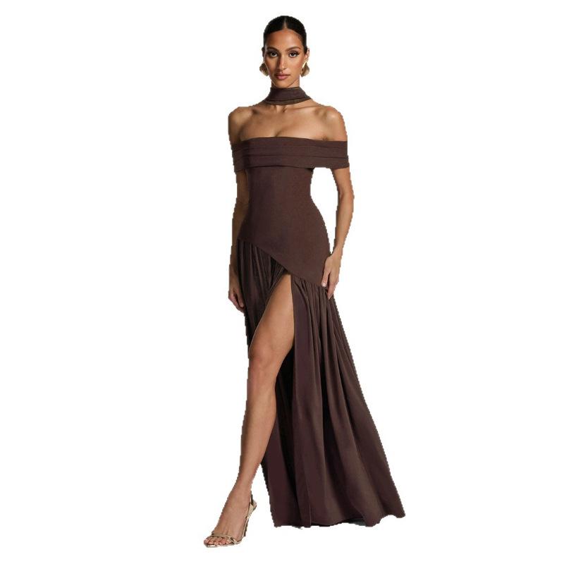 European and American women's clothing one-word shoulder solid color split-ended dress fashionable and sexy backless high split-ended dress