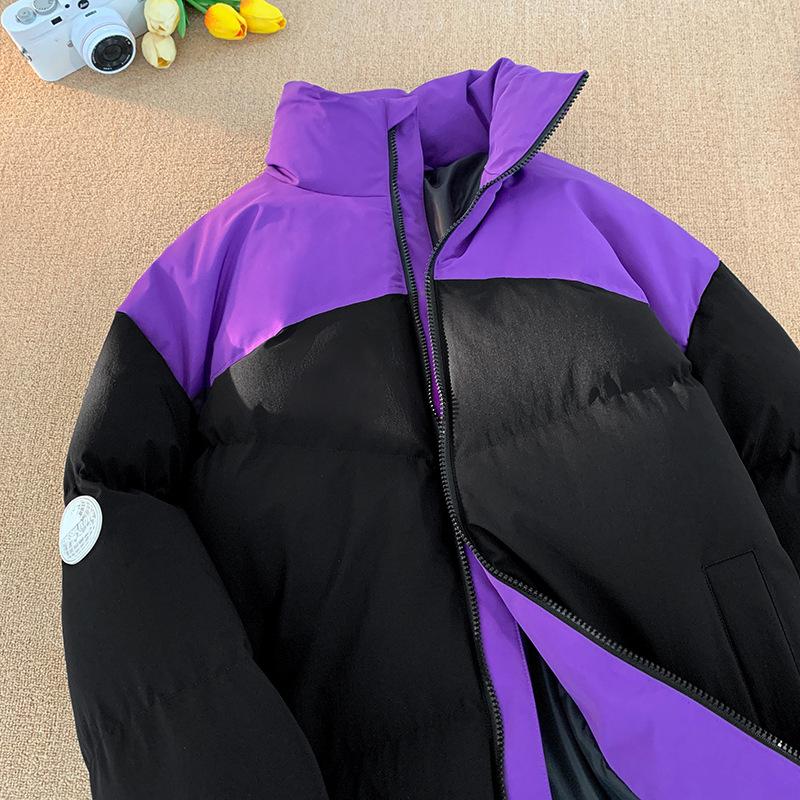 Cotton Jacket Men and Women with The Same Paragraph Winter Trend of Loose Stand-up Collar Color Blocking Couple Paragraph Cotton Jacket Jacket Men