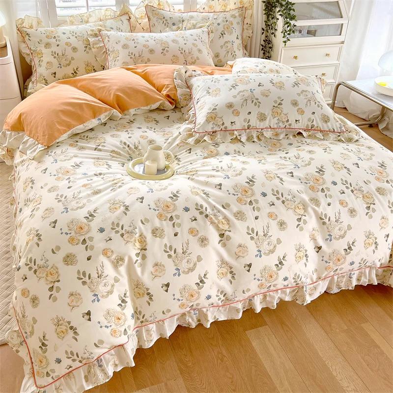 Princess Style Ruffles 100% Cotton Quilt Cover Set or Single Quilt Covers Floral Soft Duvet Cover Cotton Cute Comforter Covers