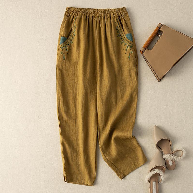 Fashion Loose Casual Embroidered Women Pants Summer New Retro Elegant Loose Straight Harlan Pants Simple Solid Color Versatile Nine-point Trousers