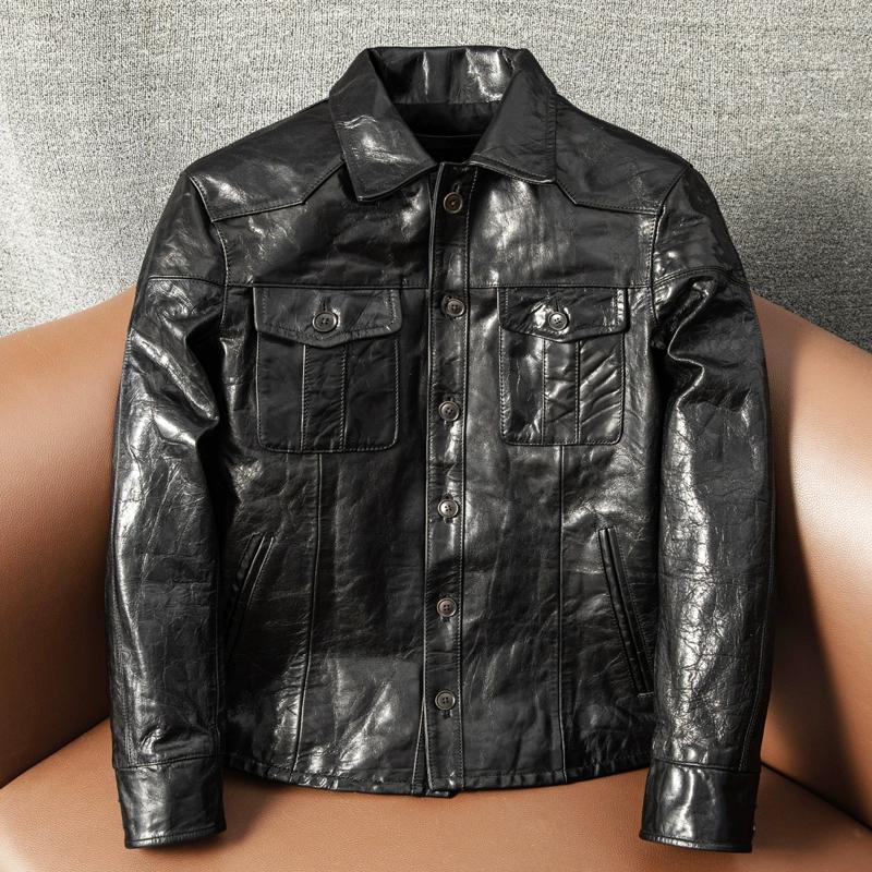 Vintage Japanese Style Full Vegetable Tanned Goatskin Leather Jacket Heavy Washed for Men