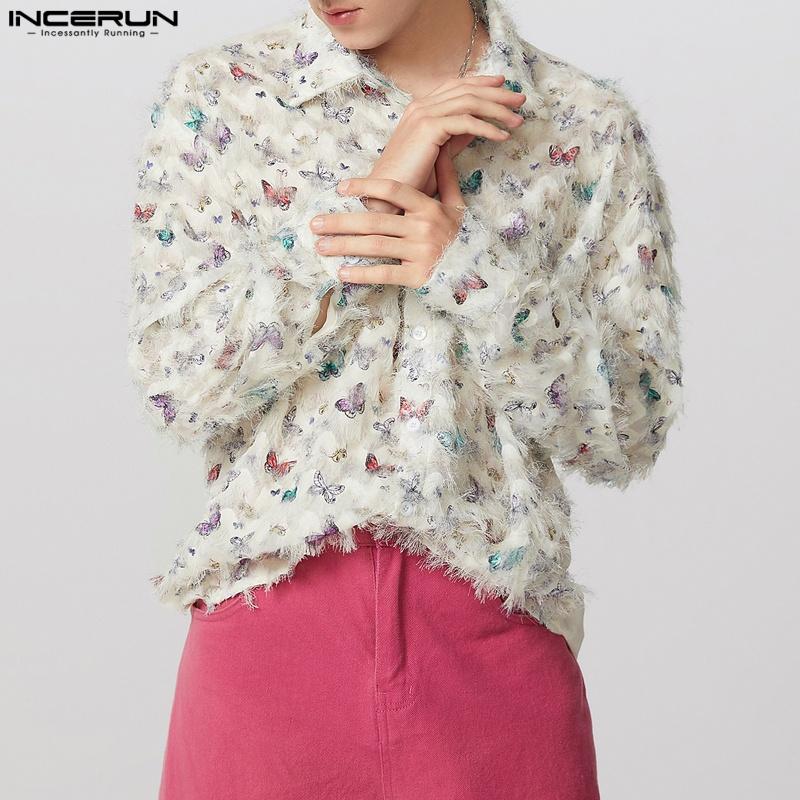 INCERUN Men Long Sleeve Print Patchwork Tassel Casual See Through Shirts