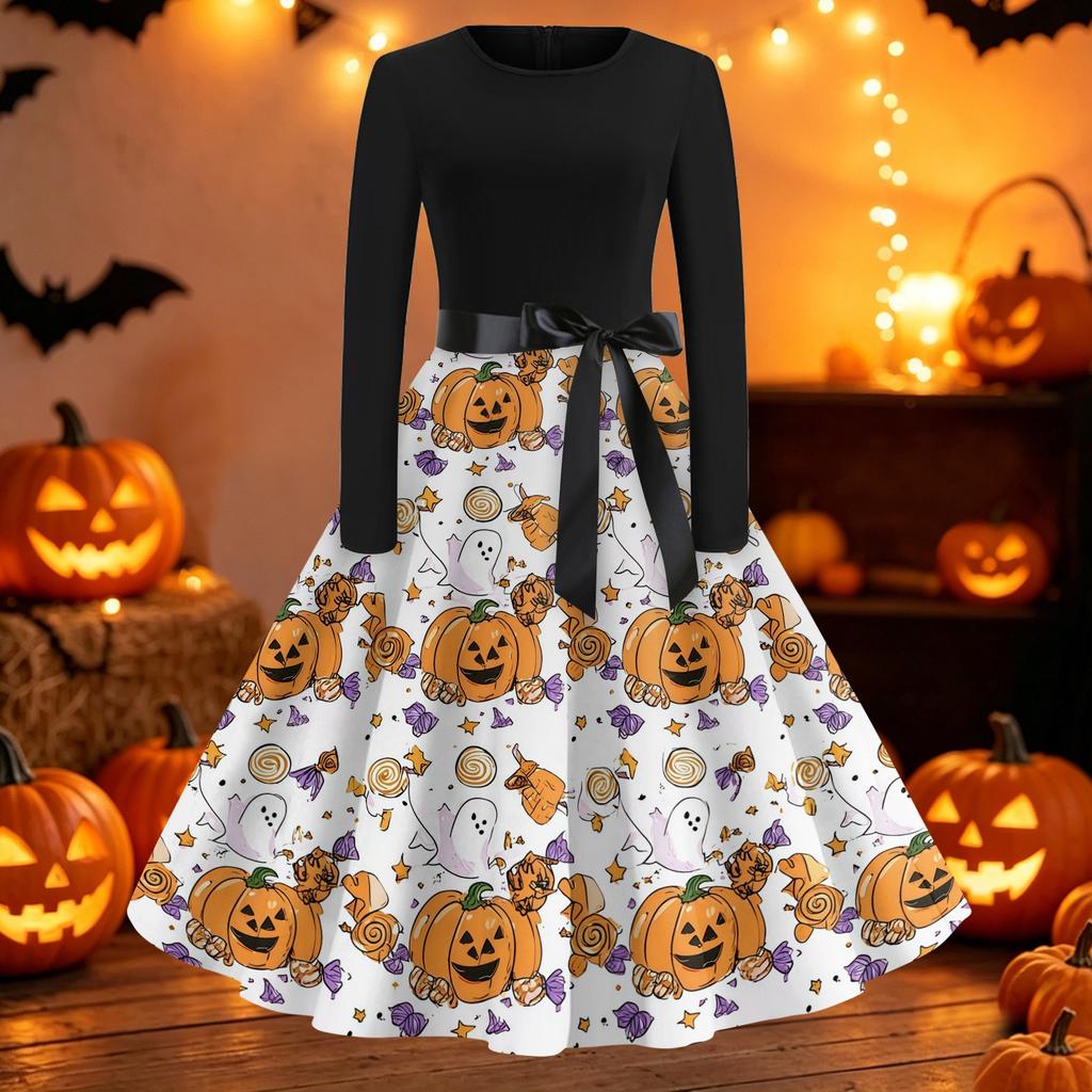 Women's Vintage Round Neck Dress with Halloween Print for Casual Fall Outings