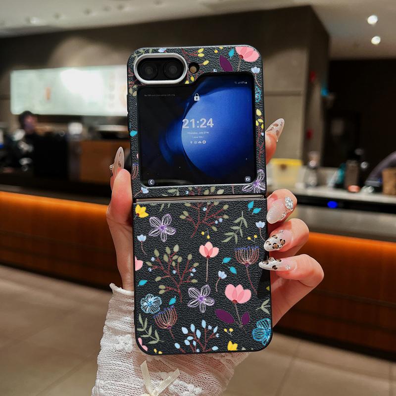 Flowers Pattern Luxury Leather Phone Case For Samsung Galaxy Z Flip 6 5 4 3 5G Shockproof Folding Soft Cover For Samsung Z Flip4