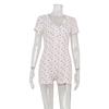 Cnyishe Casual Fashion Small Floral Home Style Comfortable High Waist Slim Fit V-neck Short Sleeve Sheath One-Piece Shorts