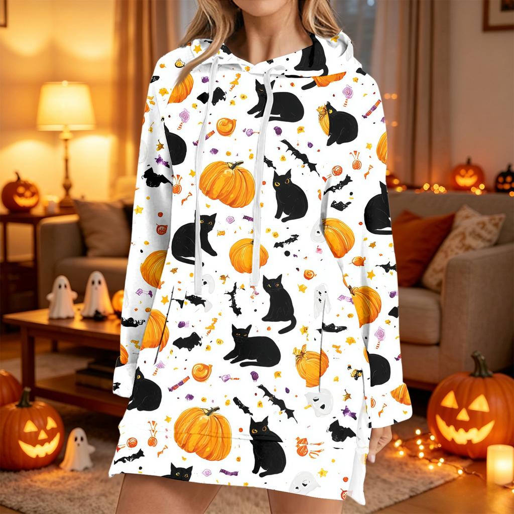 Women's Casual Long Sleeve Halloween Print Hoodie Pullover for Holiday Party