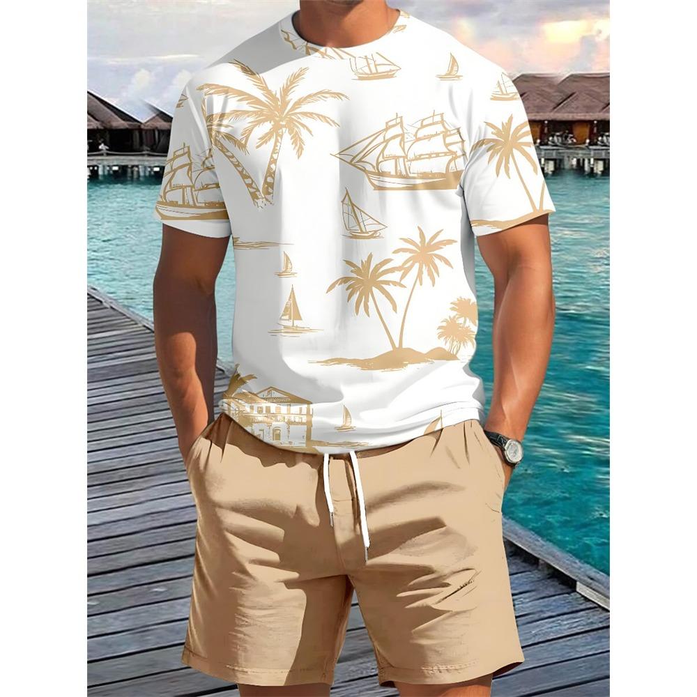Men's T Shirt Shorts 2 Piece Outfit Funny Coconut Tree Print Short Sleeve Sets Summer Beach Vacation Suit