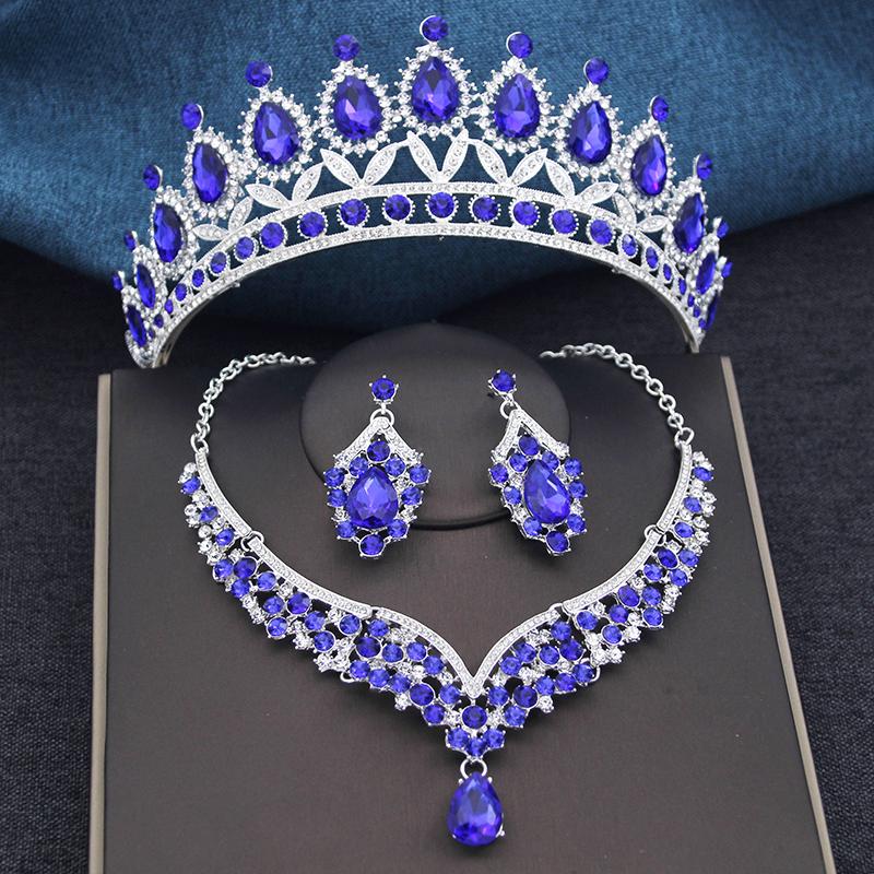 Wspaniałe Królewsko Niebieskie Kryształowe Zestawy Biżuterii Ślubnej Kolorowe Tiary Kolczyki Naszyjniki Zestaw dla Kobiet Suknia Ślubna Korona Zestaw Biżuterii