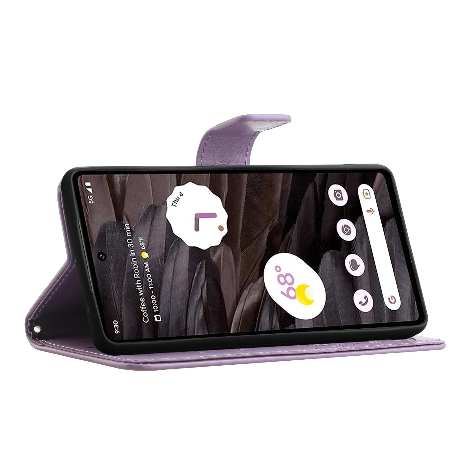 

For Google Pixel 8a Cell Phone Case Owl Tree Imprinted Leather Stand Wallet Cover Purple