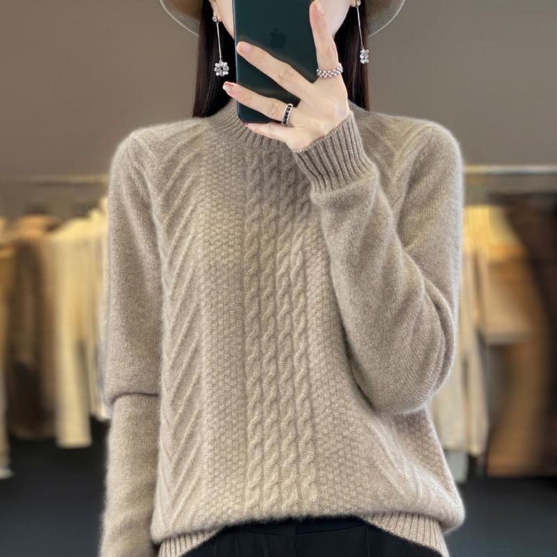 2023 Women's Autumn/Winter Thick Cable Knit Semi-High Neck Sweater