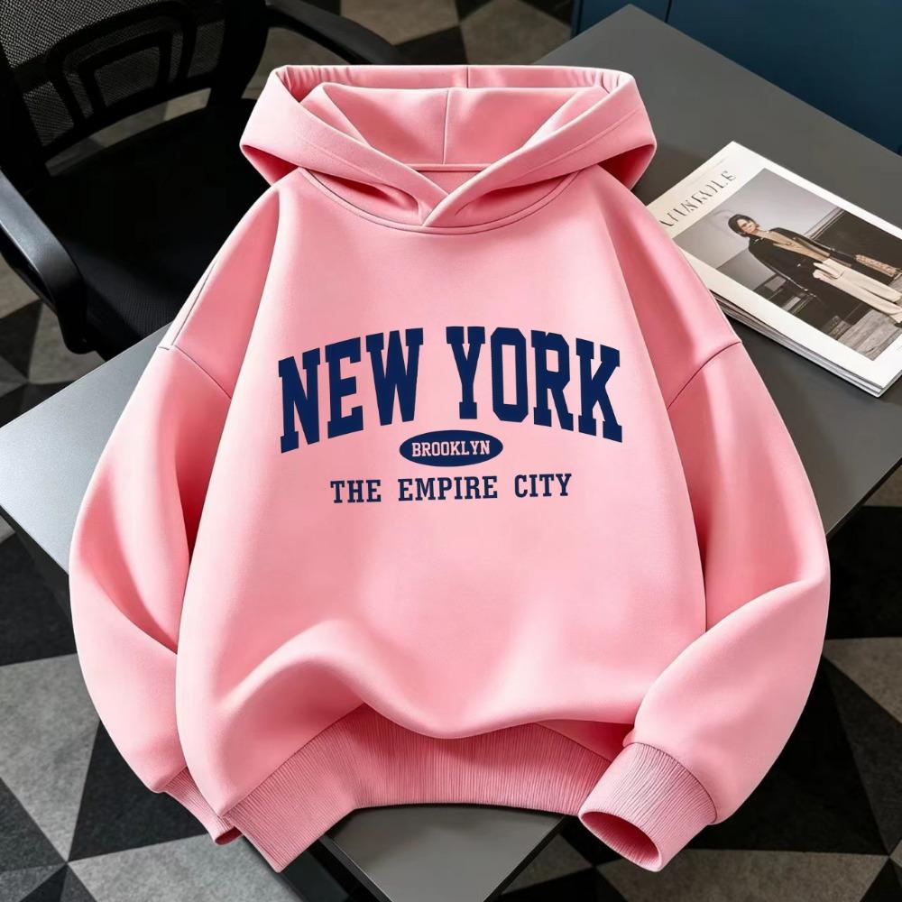 New York Letter Print Casual Style for Boys and Girls Children's Fashionable Hoodie Loose Fit, Geometric Pattern Warm Sweatshirt