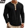 Heren Linnen Henley Shirt met Contrastbies - Lange Mouwen Knopenlijst Casual Losse Pasvorm Vintage Lichtgewicht Dagelijkse Top