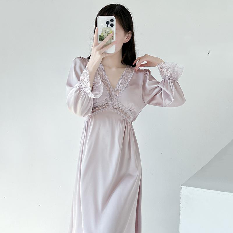 Spring and summer pajamas women's ice silk boyfriend wind 1011 new long-sleeved pure desire pajamas sexy lace dress