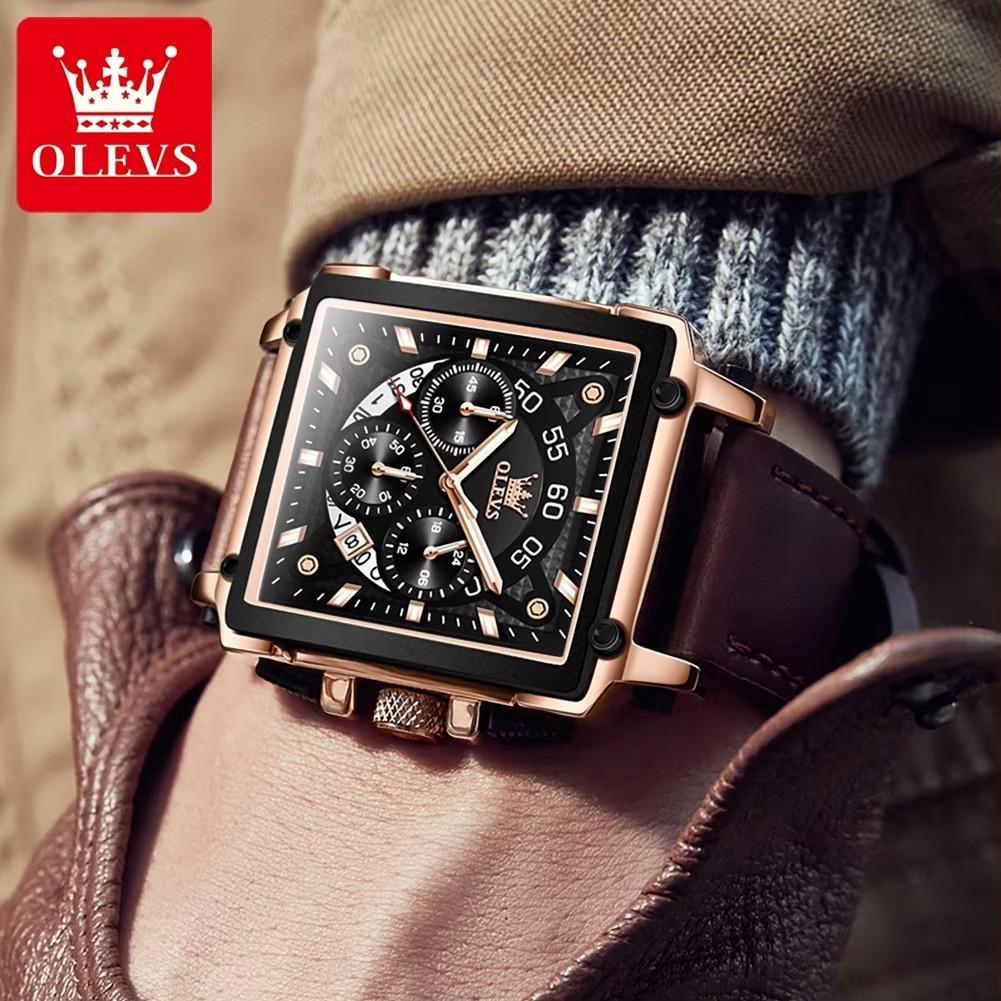Top Brand Luxury Mens Watches Fashion Blue Square Quartz Watch for Men Sport Leather Strap Chronograph Wristwatches