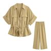 European Chic Old-Money Style Summer Two-Piece: Short-Sleeve Shirt & Wide-Leg Pants for Women