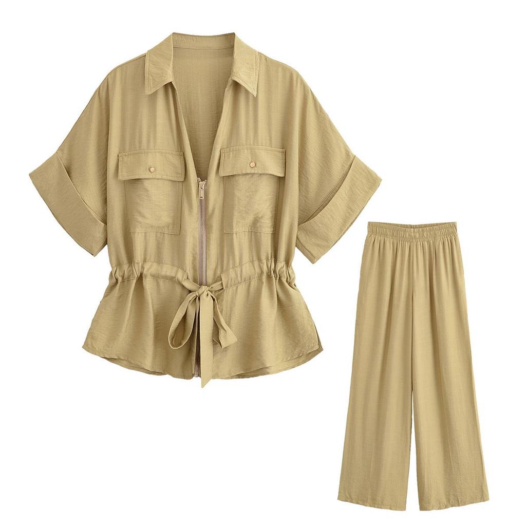 European Chic Old-Money Style Summer Two-Piece: Short-Sleeve Shirt & Wide-Leg Pants for Women