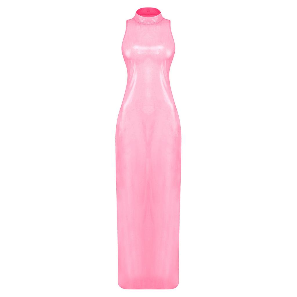 Womens Iridescent Metallic See Through Maxi Dress Mock Neck Sleeveless Bodycon Sheer Pencil Dress