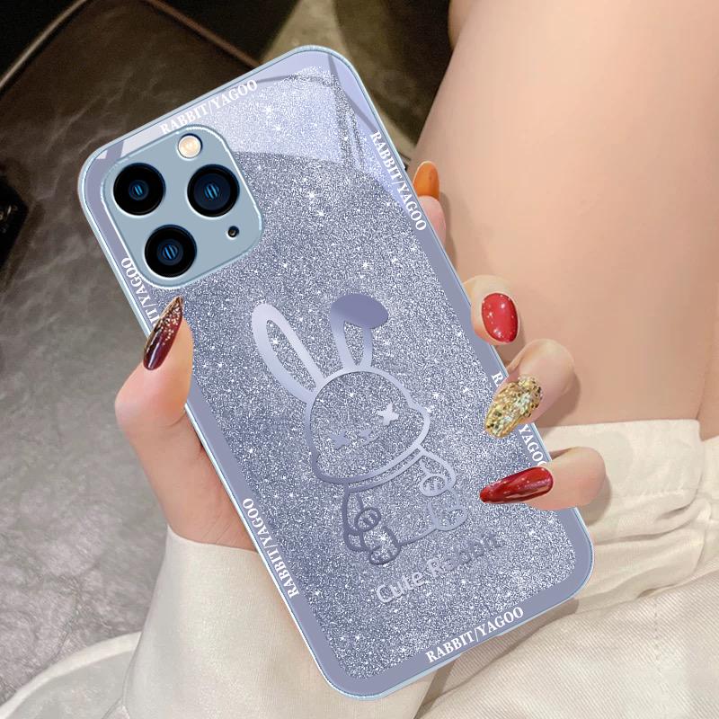 Starry Sky Rabbit Rose Purple For IPhone 16 Pro Max 15 Pro 14 13 12 Mini 11 XS Max XR 7 8 Plu SE 2022 Tempered Glass Phone Case
