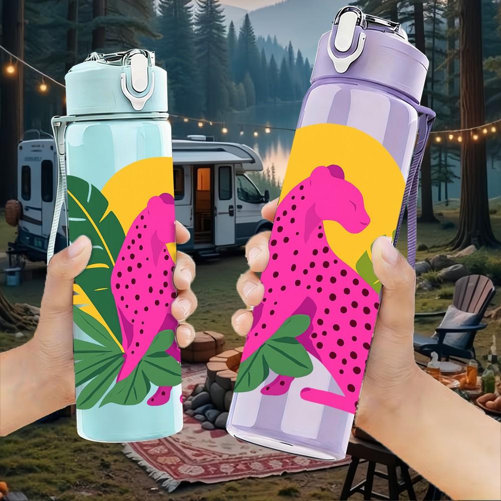 1PC Pink Leopard Tropical Leaf Art 750ml Color Plastic Sports Water Bottle Leakproof Flip Straw Lid For Sports Office Home Use