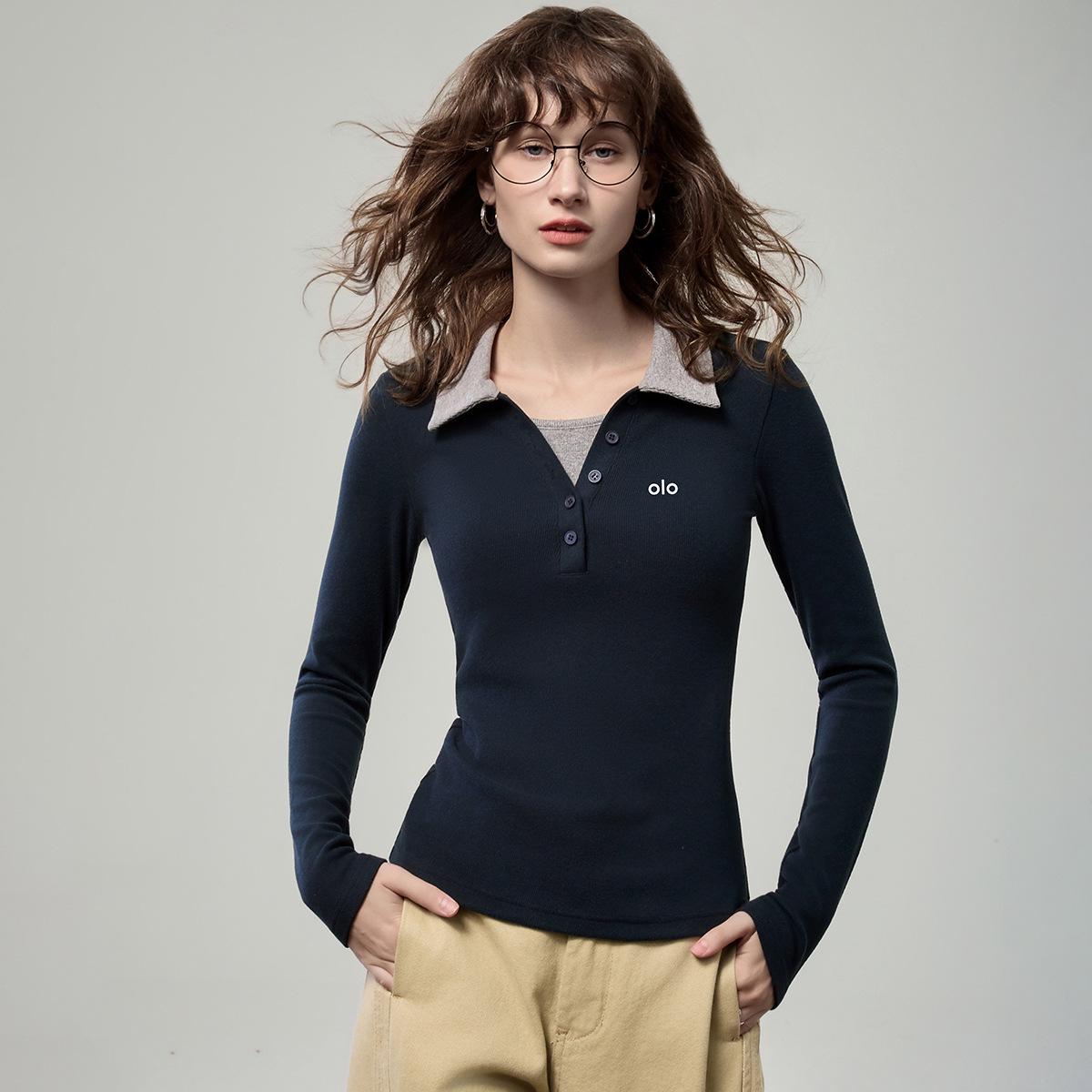 

Women s Autumn 2025 Slim Fit Polo Collar Color Block Long Sleeve Top XXL серый/королевский синий
