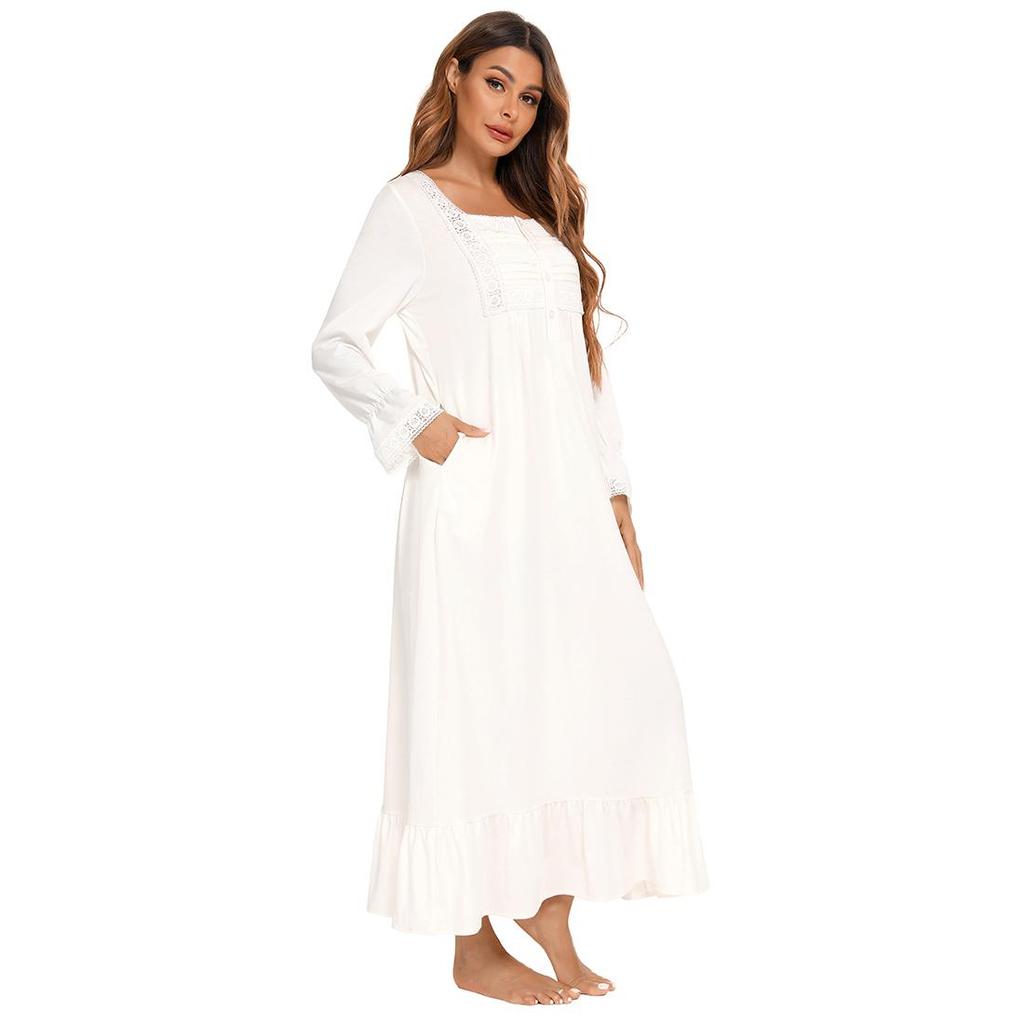 Camisón Victoriano para Mujer Tejido De Algodón Suave Manga Larga Henley Camisón Vintage Camisón De Salón con Adornos De Encaje Camisa para Dormir Camisón De Lactancia De Maternidad