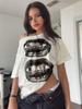 Women's Asymmetrical Off-Shoulder Hip Hop Mouth Print Cotton T-Shirt - Casual, Loose, and Comfortable Short Sleeve Top.