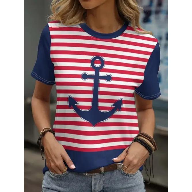 Summer Round Neck American Flag Theme Pattern 3D Print Top Fashionable Casual Short Sleeved Women's T-shirts