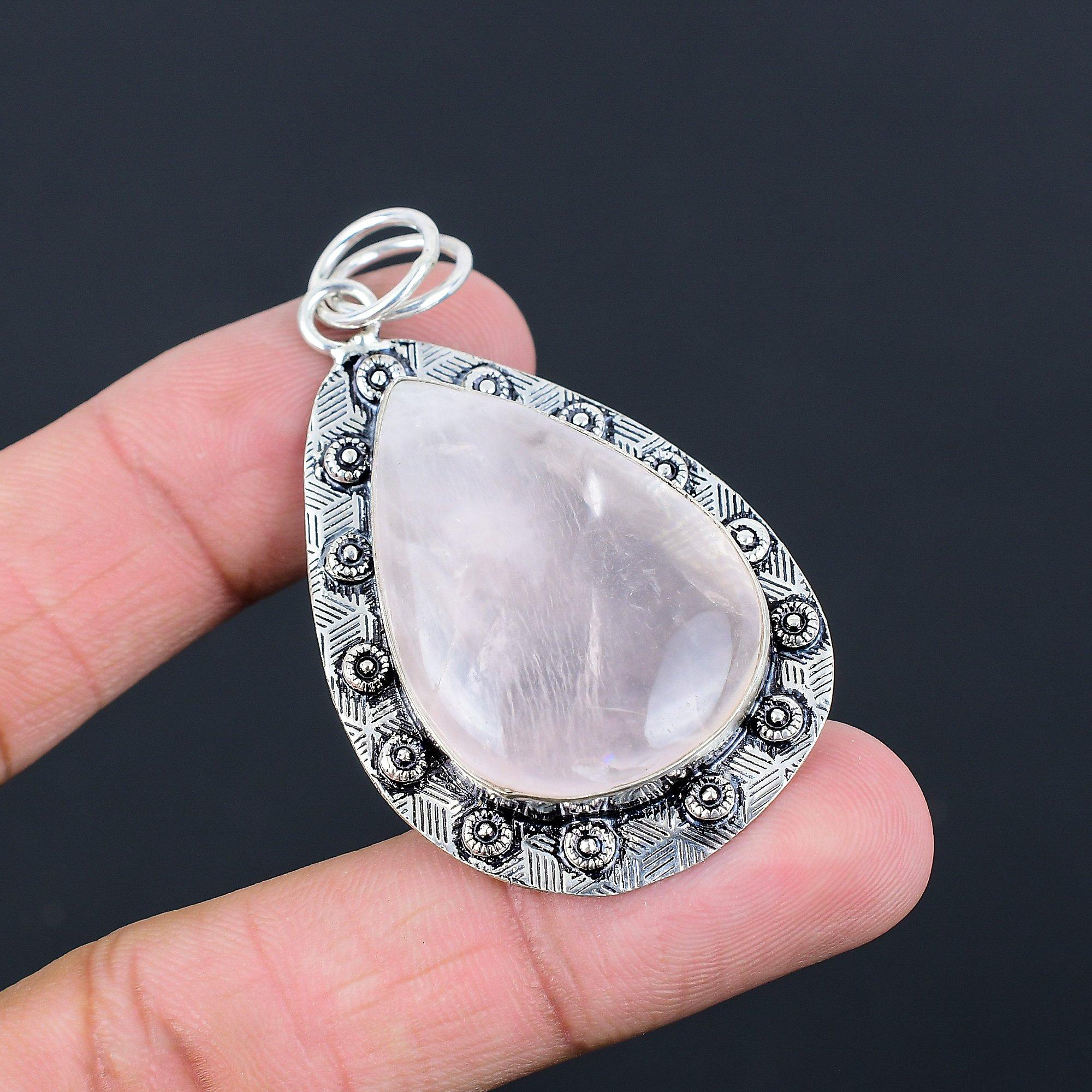 Womens day Sale Heart Chakra Rose Quartz Stone Engagement New Pendant 925 Silver