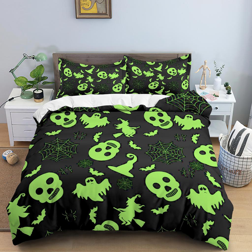 Halloween Duvet Cover Set Bats Pumpkin Polyester Comforter Cover with Pillowcase Queen King Size Bedding Set 3D Print Bedclothes