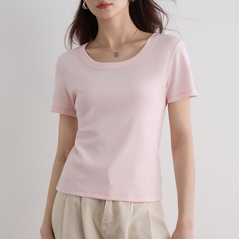Damen Sommer 2025 Schlank geschnittenes geripptes U-Ausschnitt T-Shirt - Vielseitig Große Größen, Hohe Elastizität, Kurzarm Basis-Top