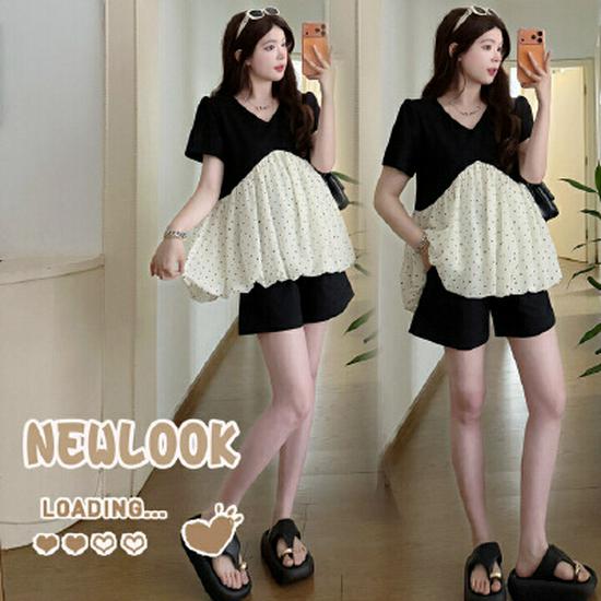 Spring/Summer 2026 Polka Dot Maternity Top & Ruffle Flared Slimming Pants - Hepburn Style Design Double Extra Large