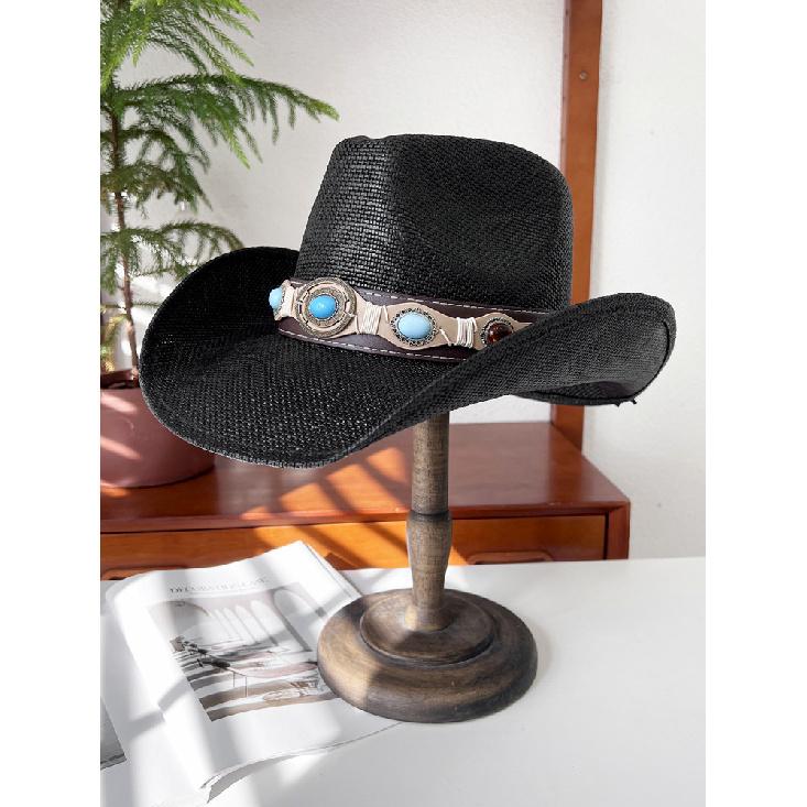 Western cowboy style straw hat for women, summer wide-brimmed hiking sun hat, ethnic style knight hat, men's sun protection hat