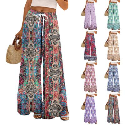 Pantalones Palazzo bohemios de verano para mujer, cintura alta, pierna ancha, estampado floral, pantalones casuales con bolsillos