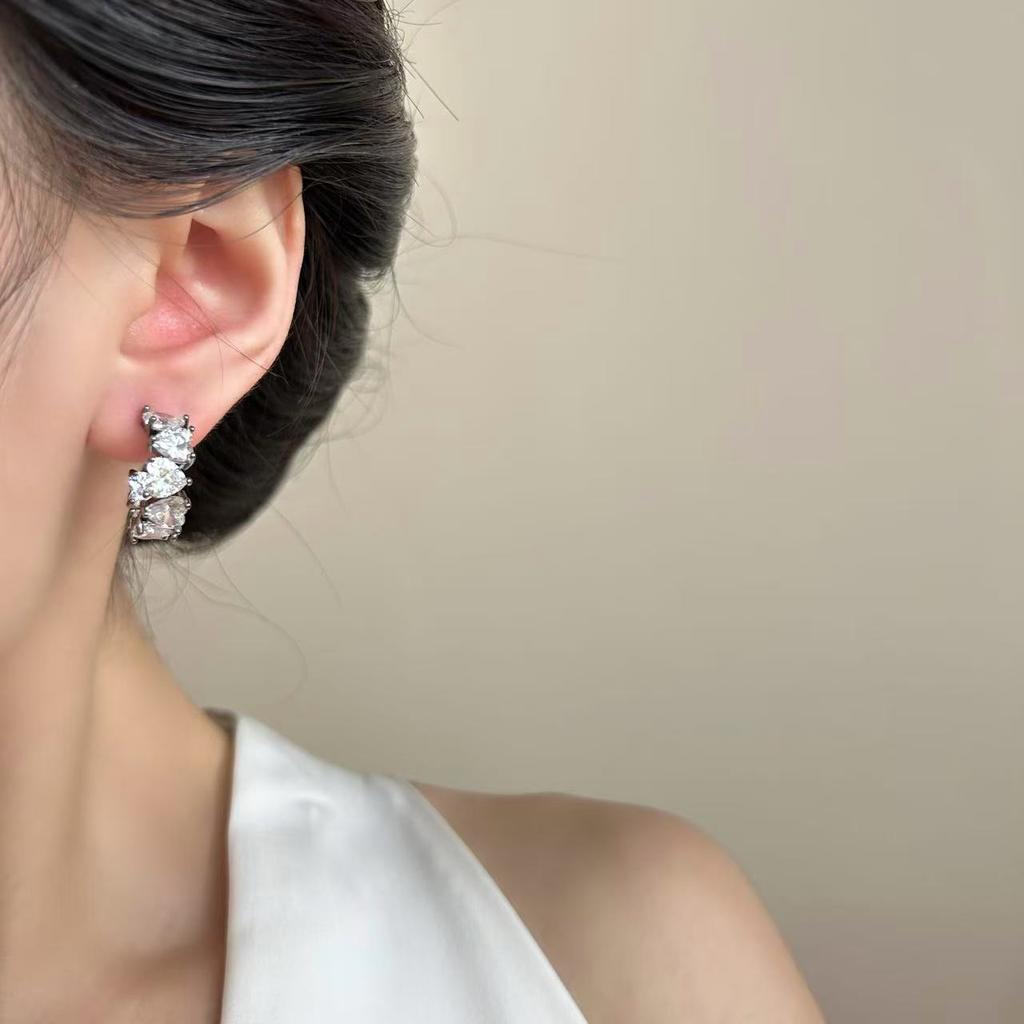 Silver Cold Metal C-Earrings Earrings Cold Light Luxury Shining Zircon Niche Premium Minimalist C-Ring Earrings