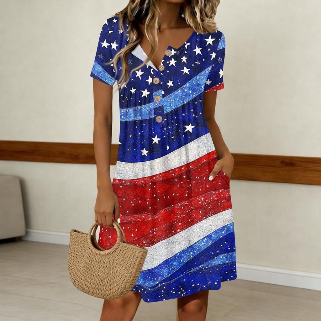 Women Casual Short Sleeve Dress Button Front V Neck Loose Fit Above Knee Dress with Pockets Lightweight Summer Dress