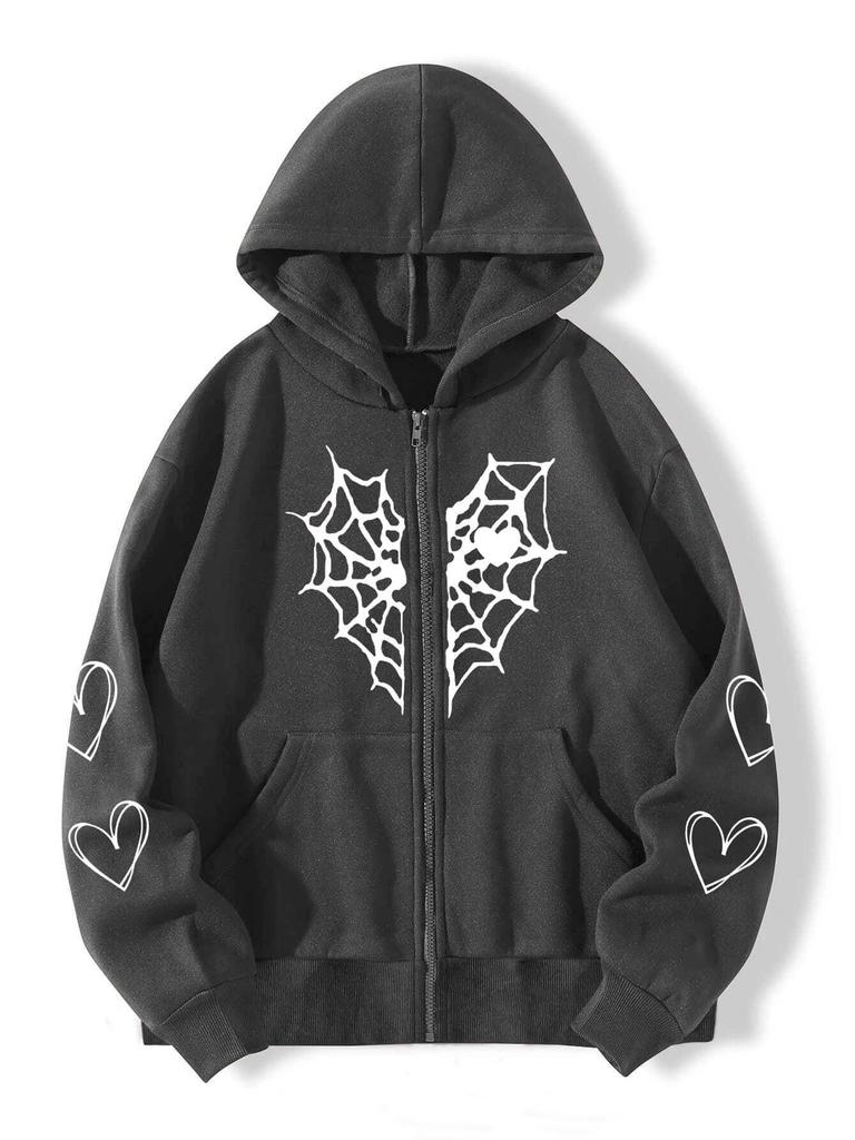 Spider Web Heart Print Fleece-Lined Zipper Hoodie for Men and Women - Autumn/Winter Collection.