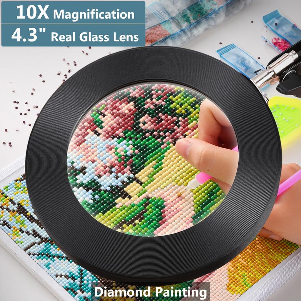 10X Magnifying Glass with Light and Clamp, Veemagni 3 Color Modes Stepless Dimmable Real Glass LED Lighted Magnifier, Adjustable Swing Arm Desk Lamp