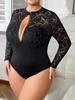 Plus Size Lace See-through Bodysuit with Open Crotch and Hollow-out Design