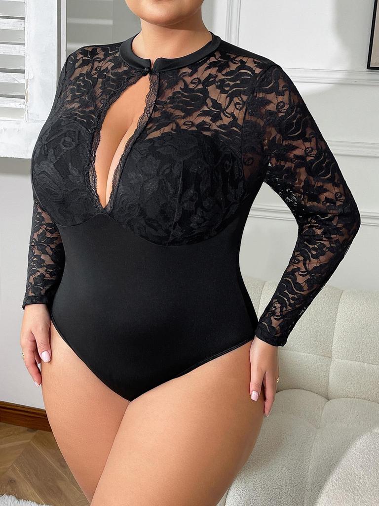 Plus Size Lace See-through Bodysuit with Open Crotch and Hollow-out Design