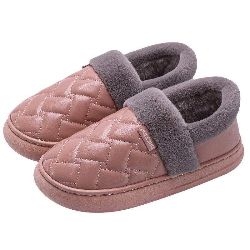 Waterproof Leather-Cotton Slippers, Non-Slip Closed Heel for Indoors