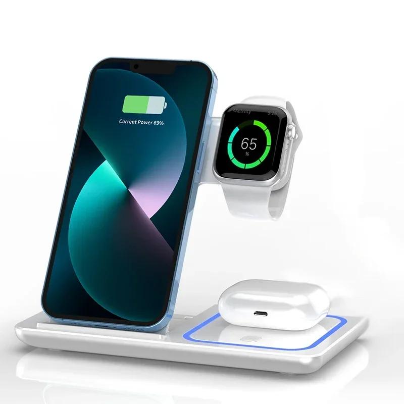 3 In 1 Wireless Charger Foldable LED Light Phone Stand For iPhone 16 15 14 13 12  Watch10-2 AirPods Fast Charging Station